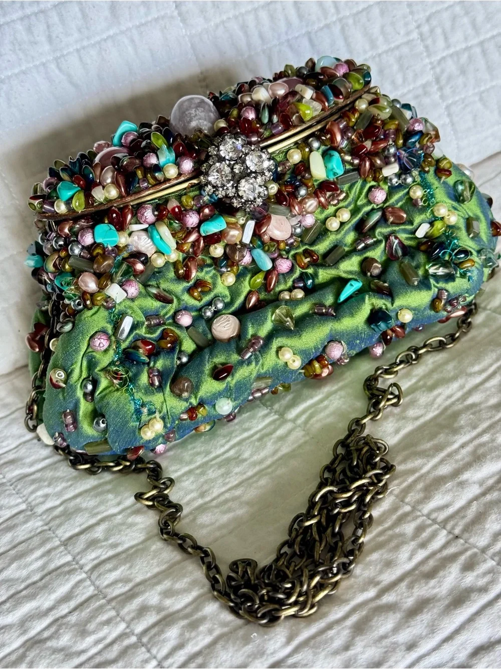 Vintage Mary Frances Beaded Green Embellished Evening Clutch with Chain